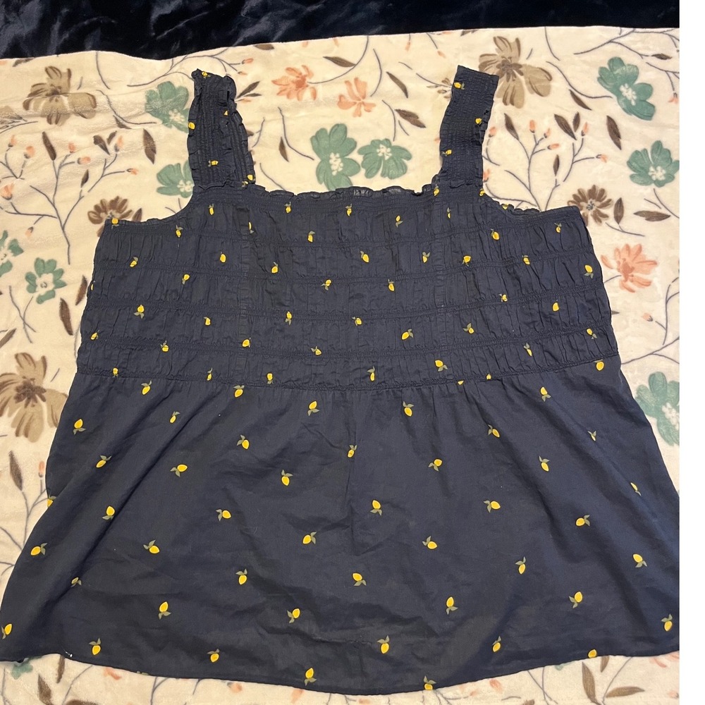 Lane Bryant Tank Top Womens 26 Blue Fair Lemon Print Smocked Ruffle Strap